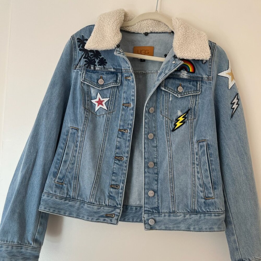 New UGG Denim Patchwork Jean Jacket with Fleece Lined Collar